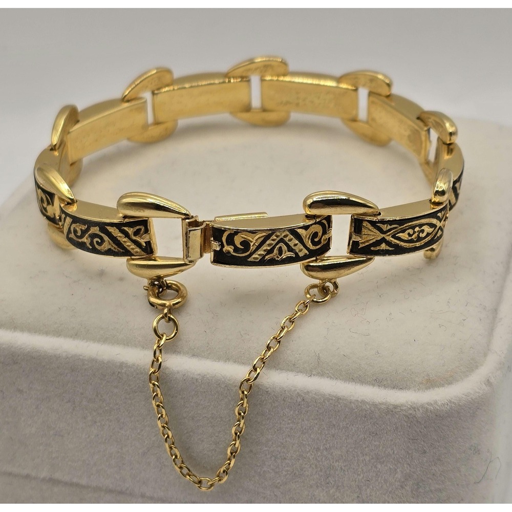 Vintage Spanish Damascene Link Bracelet - Black & Gold with Safety Chain - Picture 5 of 12